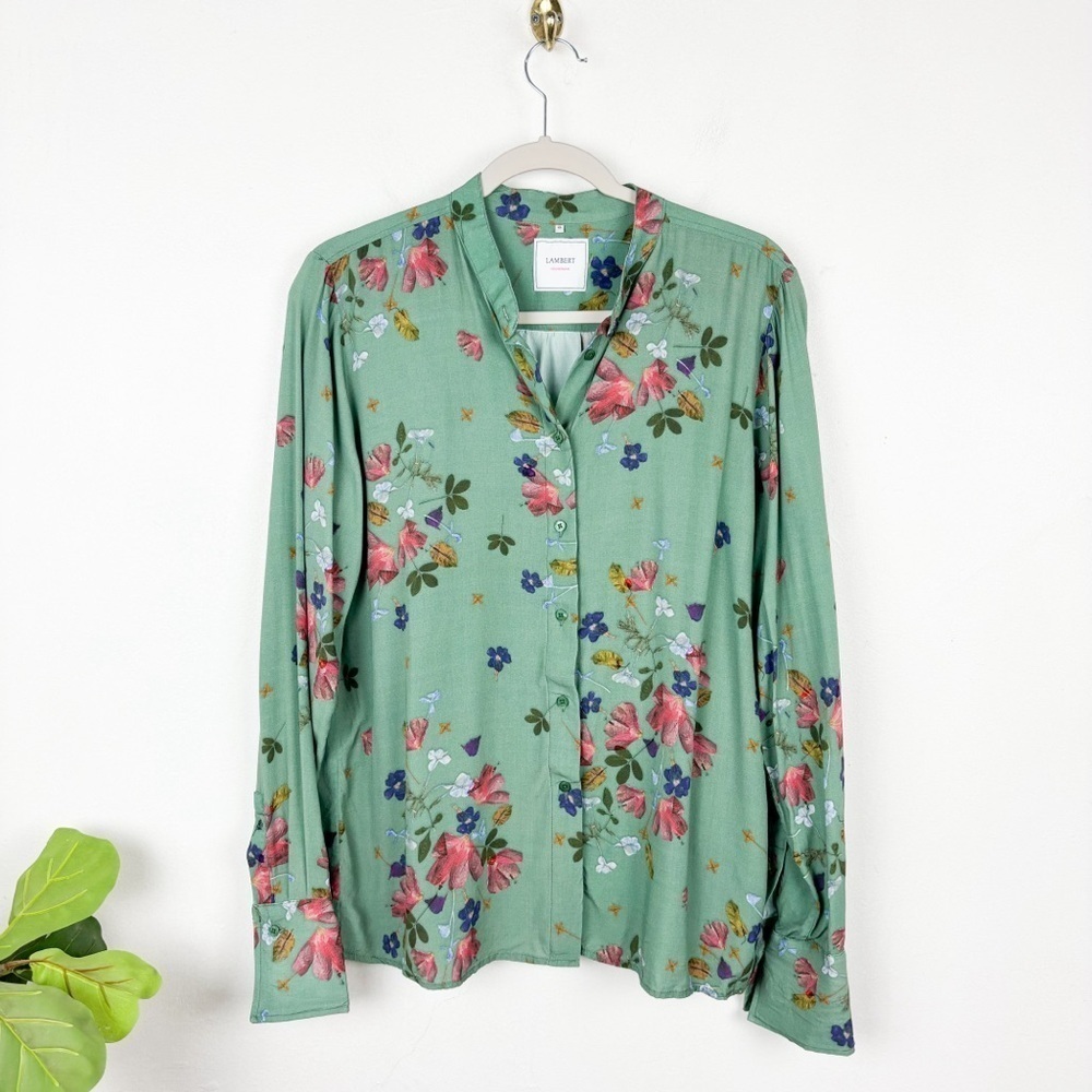 LAMBERT Woman Green Pressed Flower Floral Print Button Down Top Sz 46